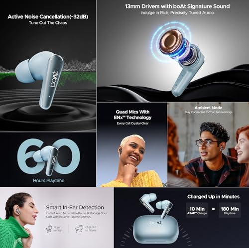 (Open Box) boAt Airdopes 280 ANC Truly Wireless in-Ear Earbuds with 32dB ANC, Ambient Mode, 60HRS Playback, 13mm Drivers, 4 Mics ENx™, in-Ear Detection, ASAP™ Charge,Beast Mode,IPX5 Ear Buds TWS (Active Black)