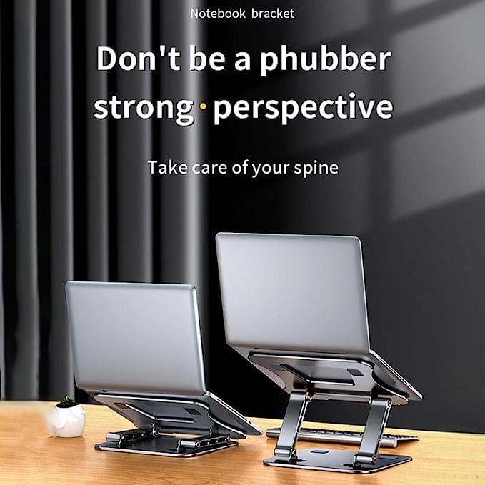 (Open Box) Dyazo Aluminum Laptop Stand Foldable Height Angle Adjustable Laptop Riser for Desk Compatible for MacBook, Lenovo, Dell Notebook up to 15.6 Inches 360 Rotating Base (Silver)