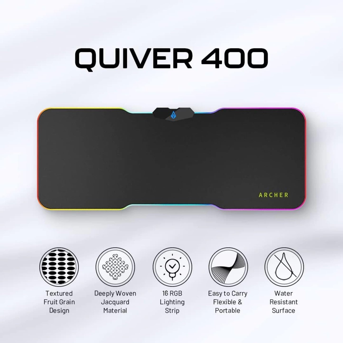 (Open Box) Archer Tech Lab Quiver 400 Gaming Mousepad, 16 RGB Strip Design, Touch Control, High Speed+Low Friction Jacquard Cloth Surface, Fruit Grain Anti Skid Base, Water-Resistant, Extra Ports, Portable