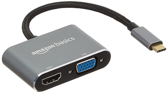 (Open Box) Amazon Basics 2-in-1 Type C USB Hub with Hdmi & Vga Outputs (Grey) Port