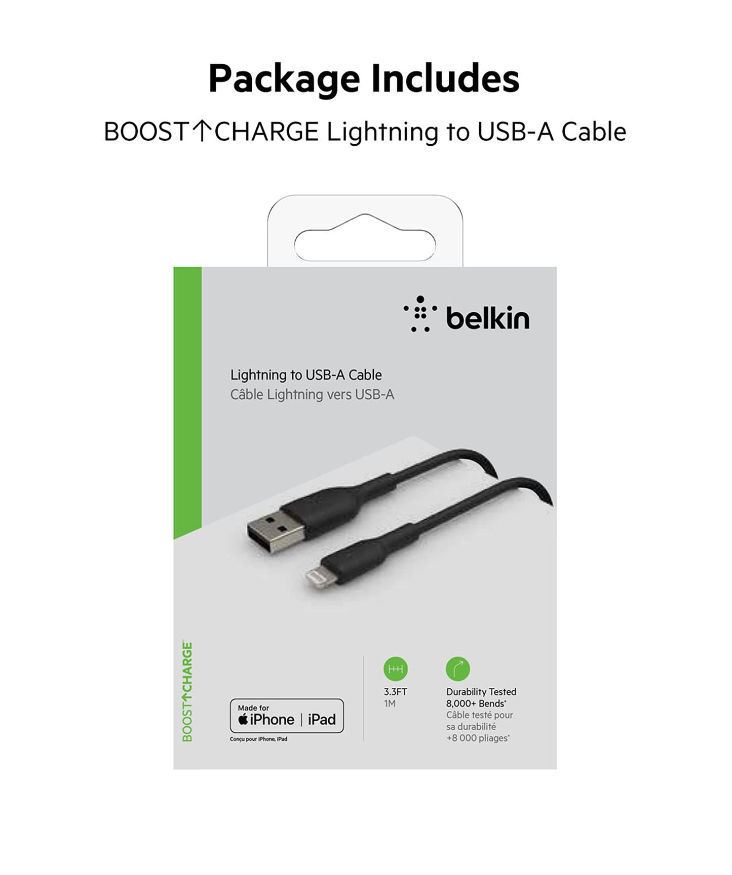 (Open Box) Belkin Apple Certified PVC Lightning to USB-A Charge and Sync Type A Cable, Tough and Durable, For iPhone, iPad, Air Pods, 3.3 Feet (1 Meter) - Black