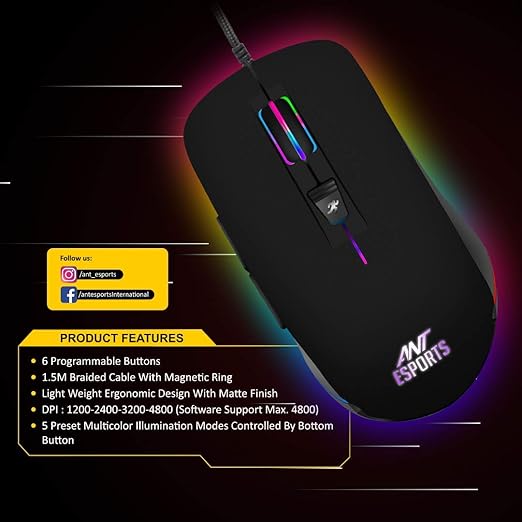 (Open Box) Ant Esports GM100 RGB Optical Wired Gaming Mouse | 4800 DPI for FPS and MOBA Games Blac