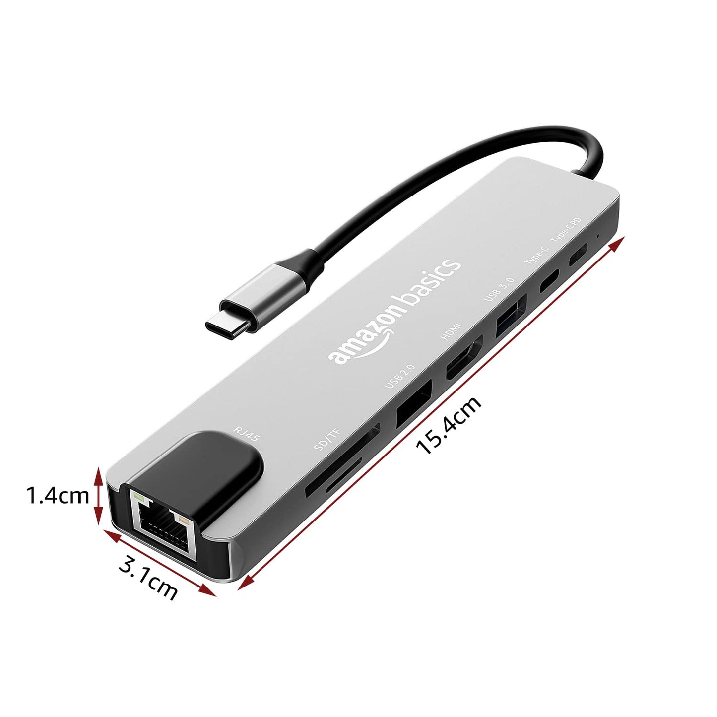 (Open Box) Amazon Basics USB-C Hub Dock 8-in-1 HDCP Aluminium Type-C Adapter with 4K HDMI Port, Ethernet 100mbps Port, USB 3.0 Port, USB-C Power Delivery, TF/SD Card Reader, Mac & Windows USB-C Devices