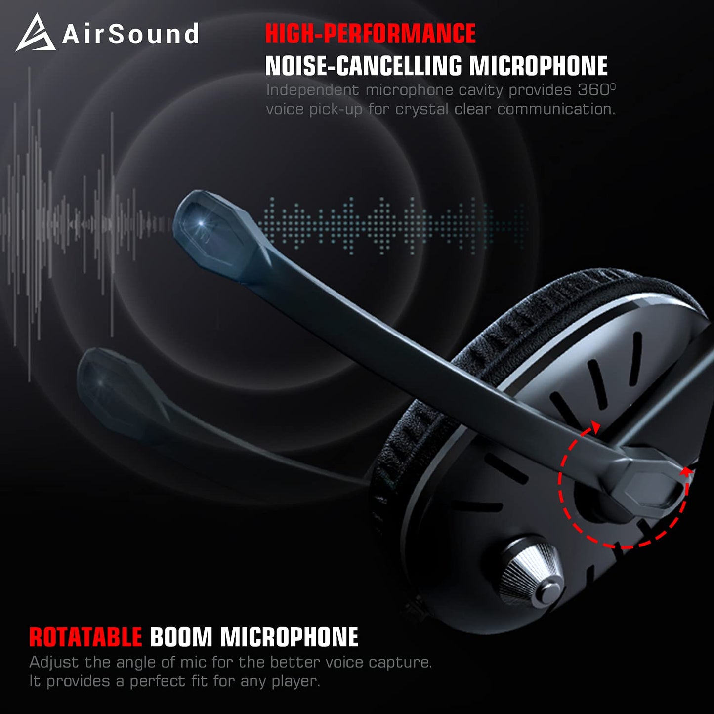 (Open Box) AirSound Gaming Over-Ear Headset Headphone| Red LED Lights| 7.1 Surround Sound| Noise Cancelling Mic| Volume Control, USB Interface for All Laptop (Alpha-2)