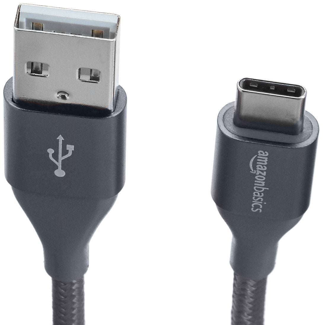 (Open Box) mazon Basics Double Braided Nylon USB Type-C to Type-A 2.0 Male Cable for Laptop, 3 feet, Dark Grey