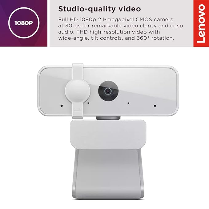 (Open Box) Lenovo 300 FHD Webcam with Full Stereo Dual Built-in mics | FHD 1080P 2.1 Megapixel CMOS Camera |Ultra-Wide 95 Lens, Digital Zoom | 360 Rotation | Flexible Mount, Cloud Grey