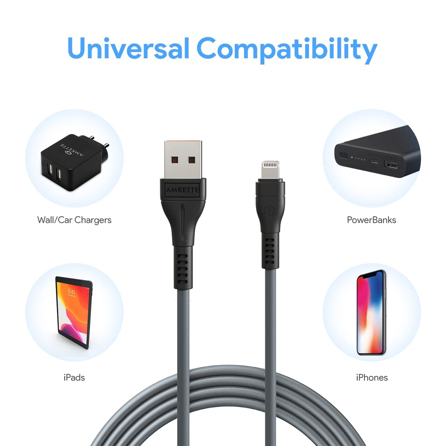 (Open Box) Amkette 30 Pin to USB Charging & Data Sync Cable for iPhone 3G/3GS/4/4s/iPad 1/2/3, iPod Nano 5th/6th Gen and iPod Touch 3rd/4th Gen -1.5m (Black)