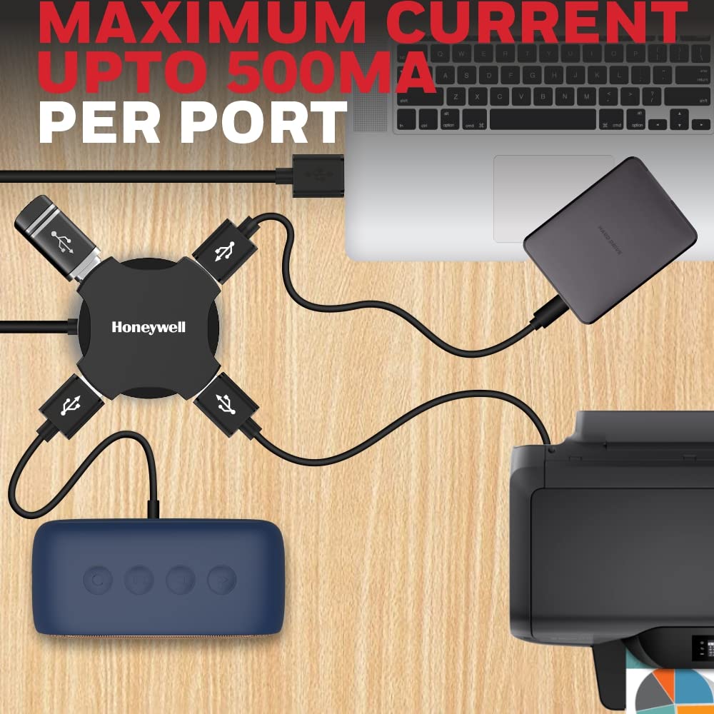 (Open Box) Honeywell Newly Launched 4in1 Ultra Slim Multiport Type C Hub to 1xUSB 3.0 & 3xUSB 2.0 Ports,30cms(1 feet) Cable,DataTransfer Speed Upto 5GBPS,Universally Compatible with All USB,PC,Speaker,Laptop