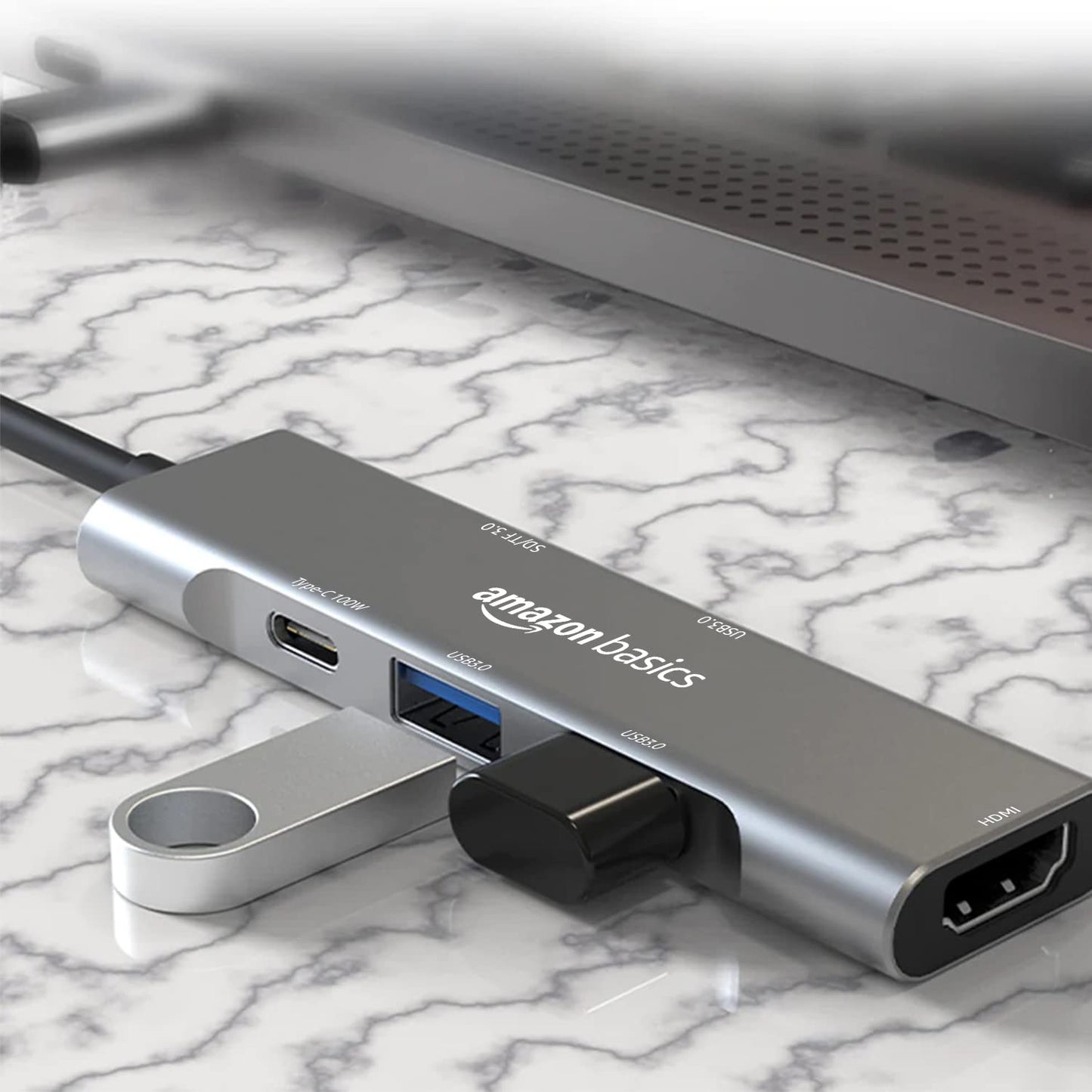 (Open Box) Amazon Basics USB-C Hub Dock 8-in-1 HDCP Aluminium Type-C Adapter with 4K HDMI Port, Ethernet 100mbps Port, USB 3.0 Port, USB-C Power Delivery, TF/SD Card Reader, Mac & Windows USB-C Devices
