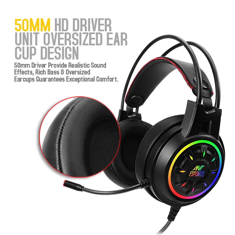(Open Box) Ant Esports H707 HD RGB Wired Gaming Headset | Noise Cancelling Over-Ear Headphones with Mic for PC / PS4 / Xbox One/Nintendo Switch/Mac