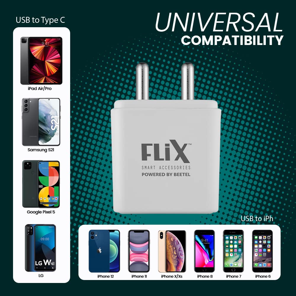 (Open Box) FLiX (Beetel) Storm 33W PD & QC Dual Port Wall Charger,USB Type A & Type C Output Widely Compatible for All Android & IOS Devices,Enhanced Safety,Light Weight & Compact,with Type C Cable (White–SD133)