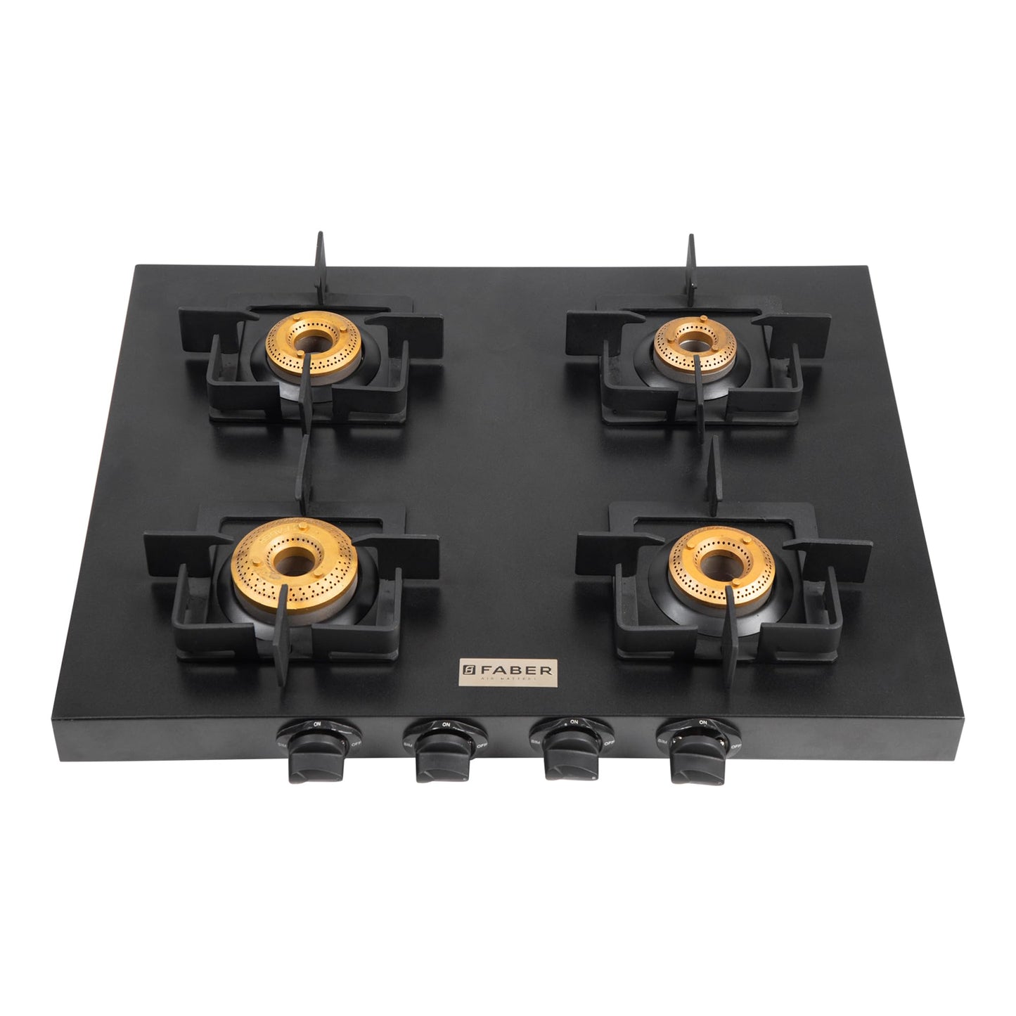 Faber Roma 4 Burner Gas Stove | 2.0.mm MS Frame Body with Diamond Coated Finish | 4 Brass Burners | Diamond Coated Pan Support & Drip Tray, Heat Resistant Metal Knobs, Manual Ignition, Black