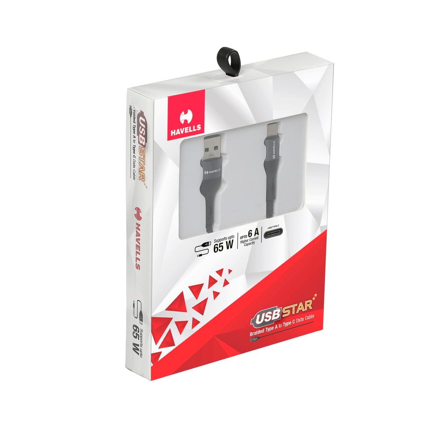 Havells USB Star- Braided Type A to Type C Data Cable 65W, 6A (AHNREHB000) - Black
