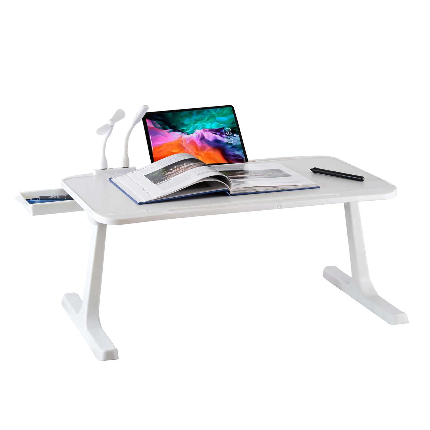 (OPEN BOX)GoRogue Laptop Table for Bed & Sofa, Foldable Desk with Cup Holder, Drawer & Built-in USB Hub with Free Mini Fan, LED Lamp (Black)
