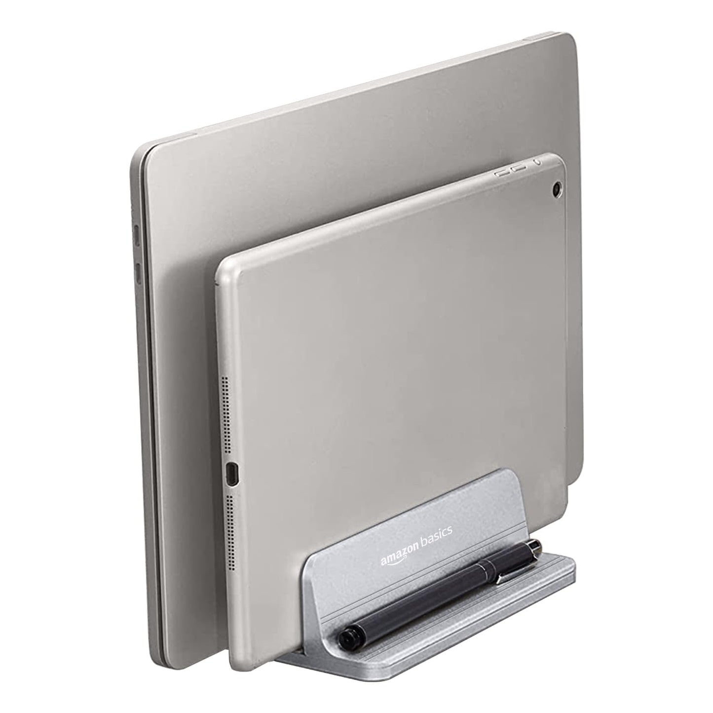 (Open Box) amazon basics Vertical Laptop Stand With Adjustable Dock And Dual Slots, Compatible With All Laptops Up To 20.3" (Aluminium, Grey)
