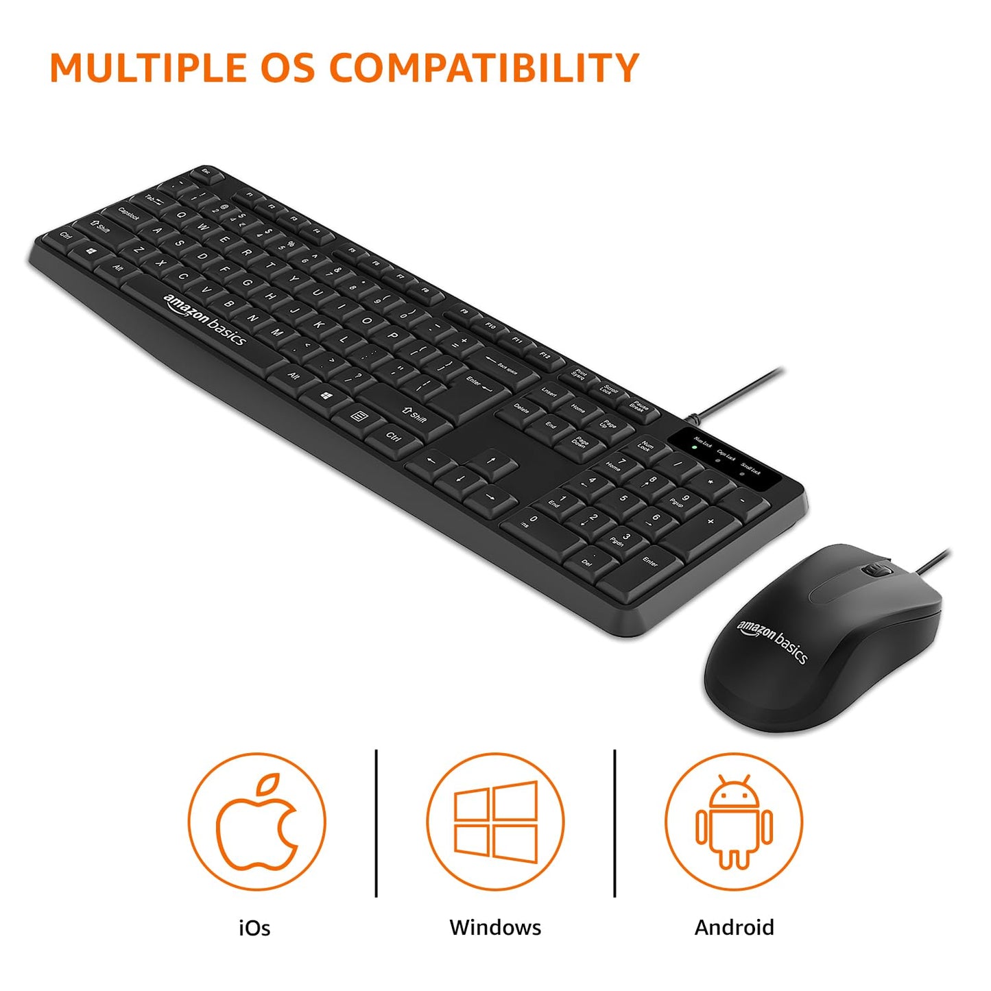 (Open Box) Amazon Basics Wired Keyboard and Mouse Combo l 1200 DPI l for Windows, Mac OS Computer (Black)