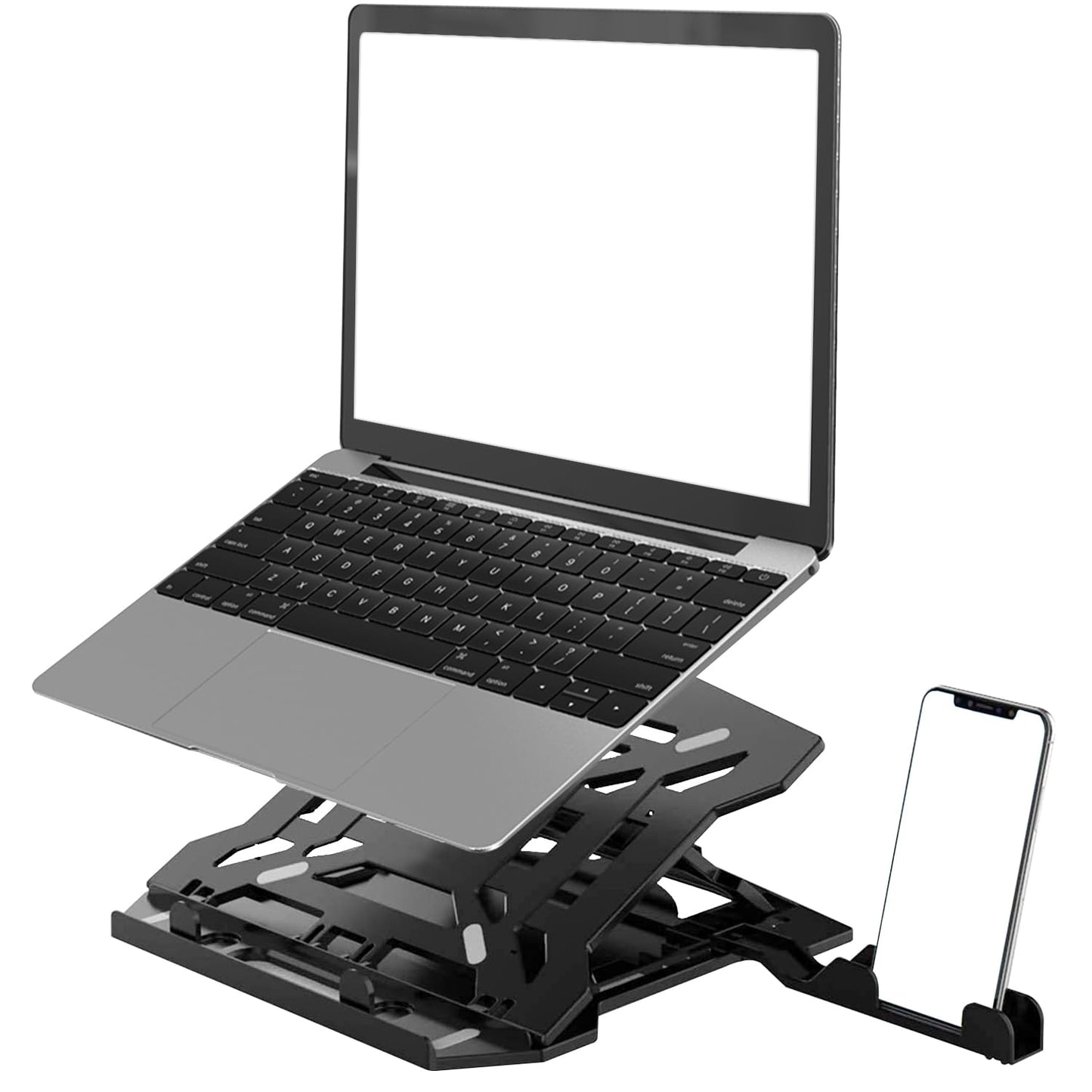 (Open Box) amazon basics 2-in-1 Laptop and Mobile Stand, Ergonomic, Adjustable Height, Anti-Slip Base, Heat Dissipation, Portable, Lightweight, Compatible with All Laptops Up to 15.6" (Abs, Black)
