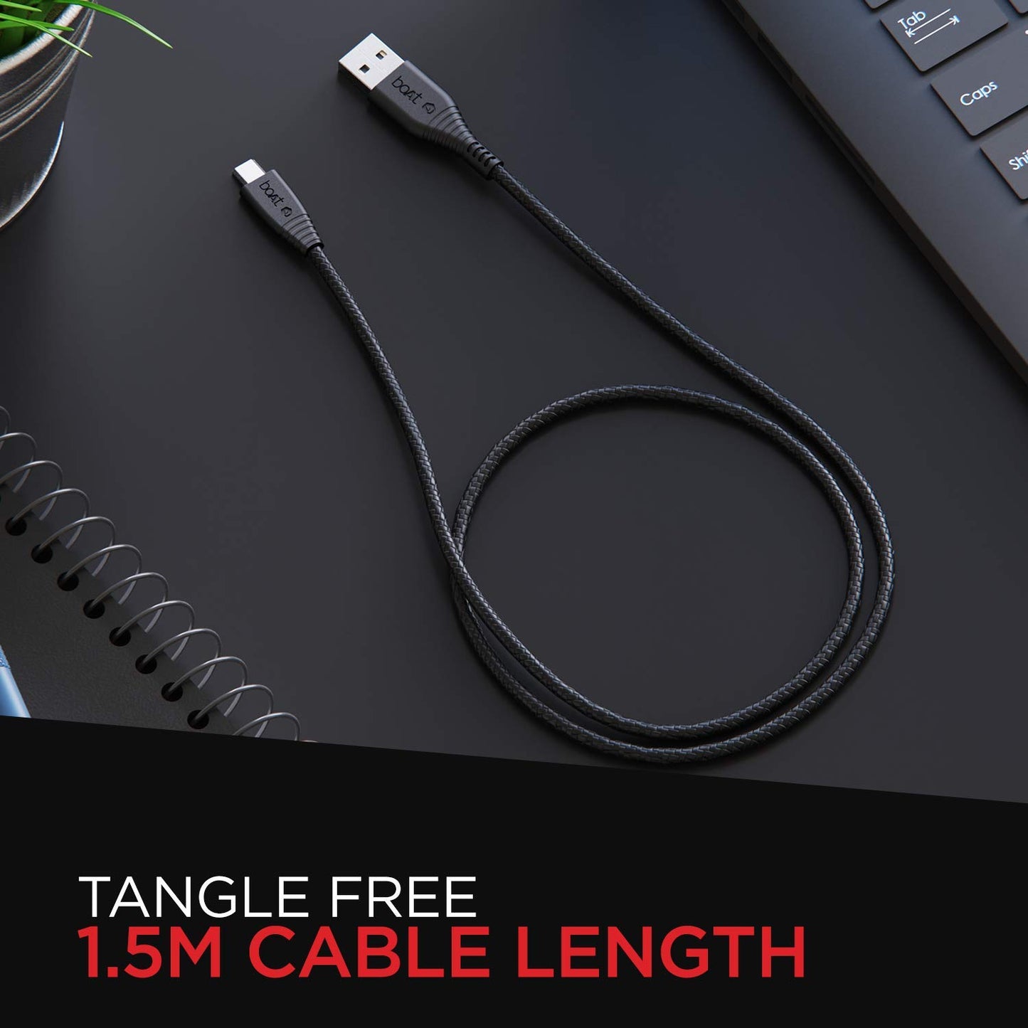 (Open box)boAt Micro USB 55 Tangle-Free, Sturdy Micro USB Cable with 3A Fast Charging & 480mbps Data Transmission, 10000+ Bends Lifespan & Extended 1.5m Length Black