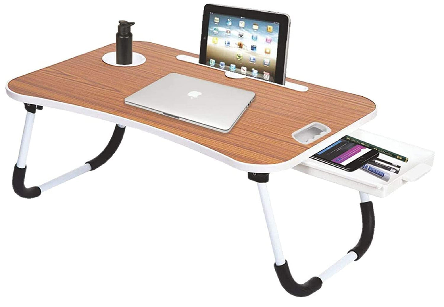 (Open Box) Callas Multipurpose Foldable Laptop Table with Cup Holder | Drawer | Mac Holder | Study Table, Breakfast Table, Foldable and Portable/Ergonomic & Rounded Edges/Non-Slip Legs (WA-27-Black) | Metal