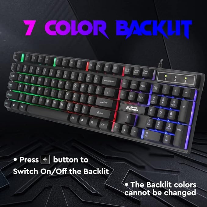 (Open Box) RPM Euro Games Gaming Keyboard Wired 7 Color LED Illuminated & Spill Proof Keys, Black, Medium