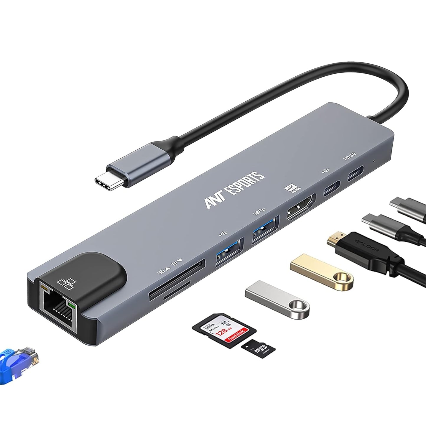 (Open Box) Ant Esports AEC810 8-in-1 USB C HUB HDMI Adapter, Type C Ethernet Card Reader,1*USB 3.0 Ports, 1*USB 2.0 Ports,Ethernet Port, SD/TF Card Slots, Compatible with Windows, Apple, Linux, Android – Grey