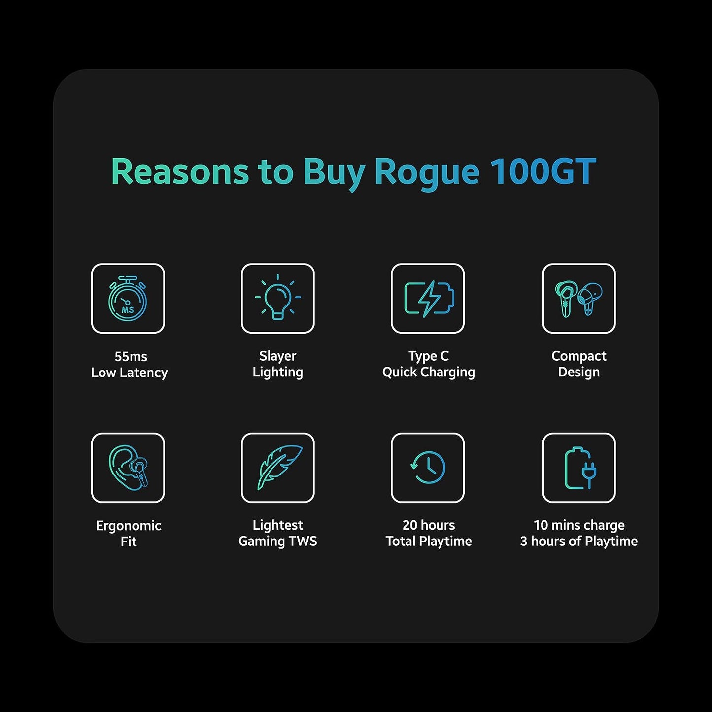 (Without Box) TAGG Rogue 100Gt Bluetooth Truly Wireless Gaming in Ear Earbuds with 50Ms Low Latency for Better Gaming 20Hrs Playtime with Mic with Enc for Best Calling Made for Comfort Gaming