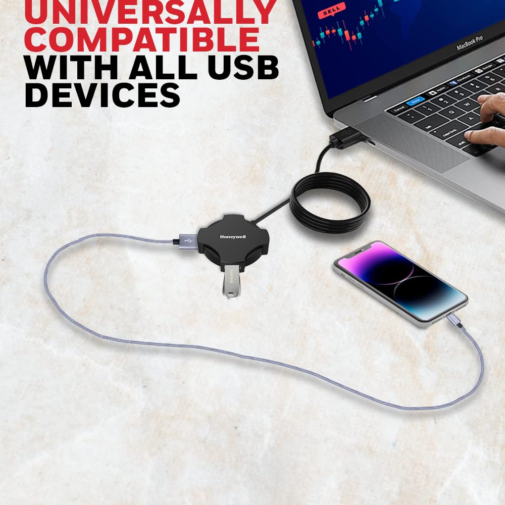 (Open Box) Honeywell Newly Launched 4in1 Ultra Slim Multiport Type C Hub to 1xUSB 3.0 & 3xUSB 2.0 Ports,30cms(1 feet) Cable,DataTransfer Speed Upto 5GBPS,Universally Compatible with All USB,PC,Speaker,Laptop