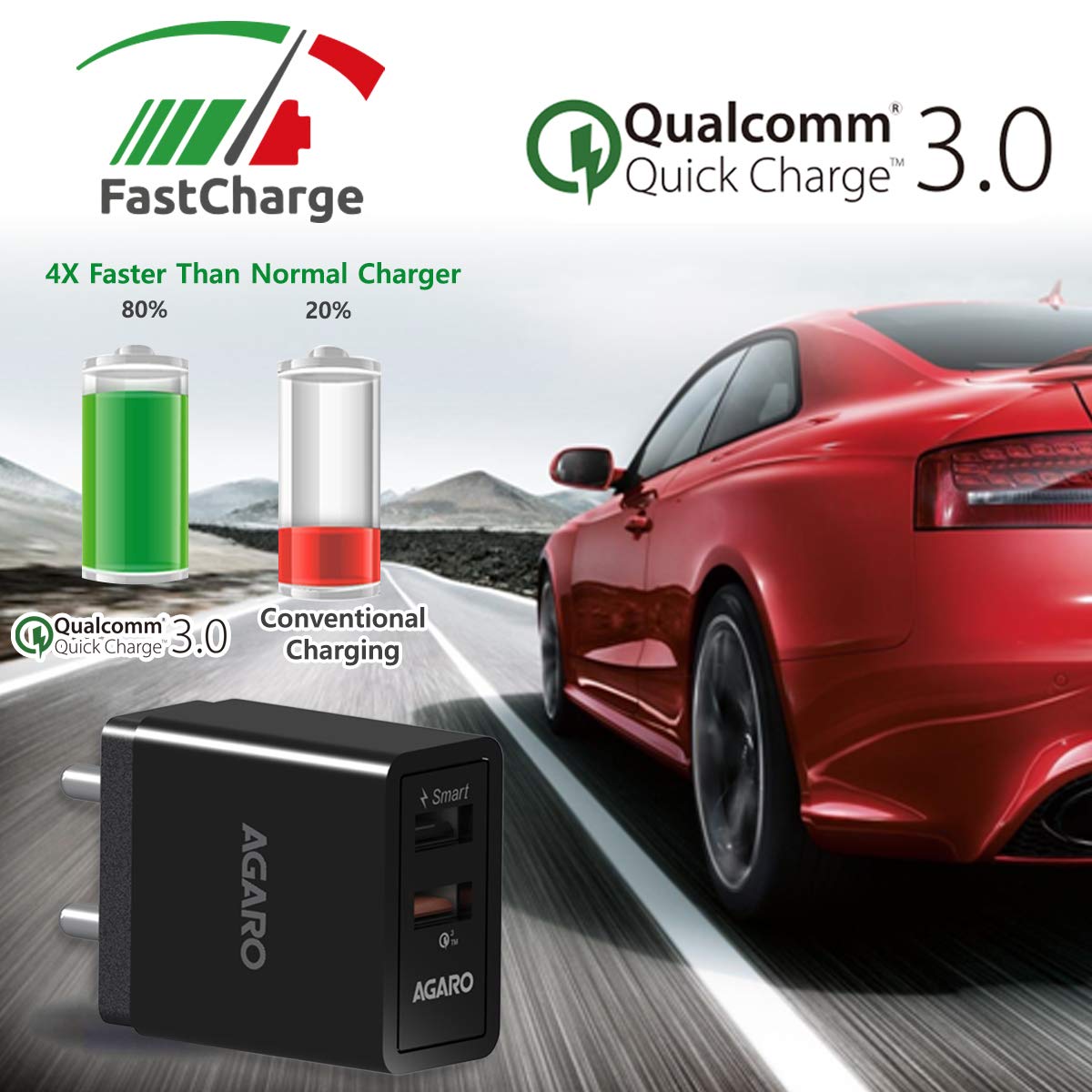 AGARO Blaze Qualcomm Certified Dual Port Quick Wall Charge Adapter 5.4A