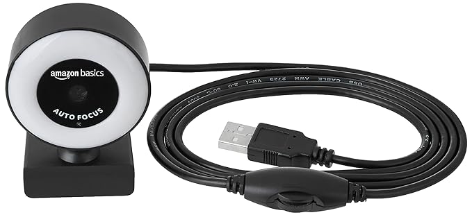 (Open Box) Amazon Basics Auto Focus Full HD 1080P 2.1 Megapixel 30 FPS Ring Light Web Camera with Built-in Mic for PC/Mac/Laptop Video Calling (Black)