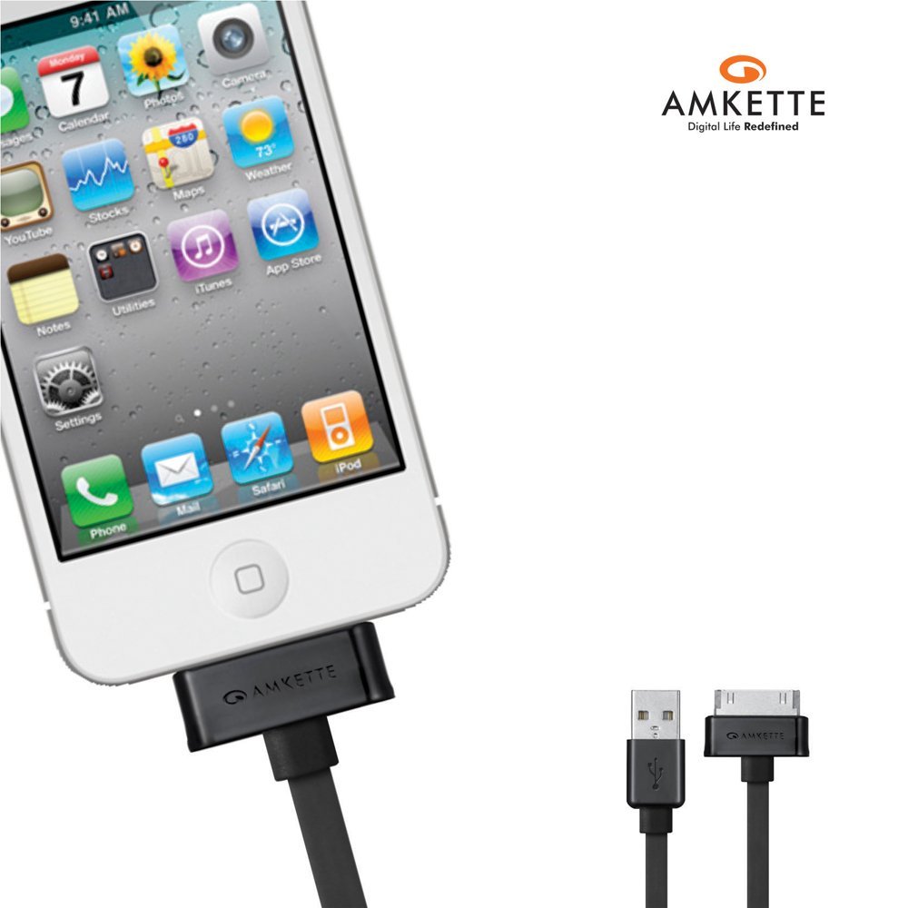 (Open Box) Amkette 30 Pin to USB Charging & Data Sync Cable for iPhone 3G/3GS/4/4s/iPad 1/2/3, iPod Nano 5th/6th Gen and iPod Touch 3rd/4th Gen -1.5m (Black)