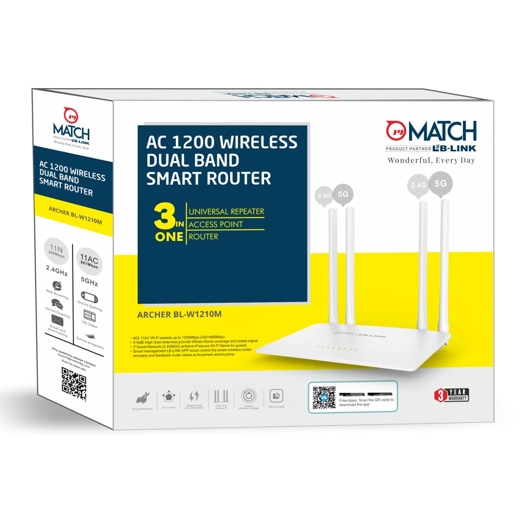 (Open Box) Match LB-Link AC1200 Dual-Band Router | 5G + 2.4G Router | 1200mbps (300+866) Speed | 4 * 6dBi high-gain Antennas| Superior Wireless Coverage, White