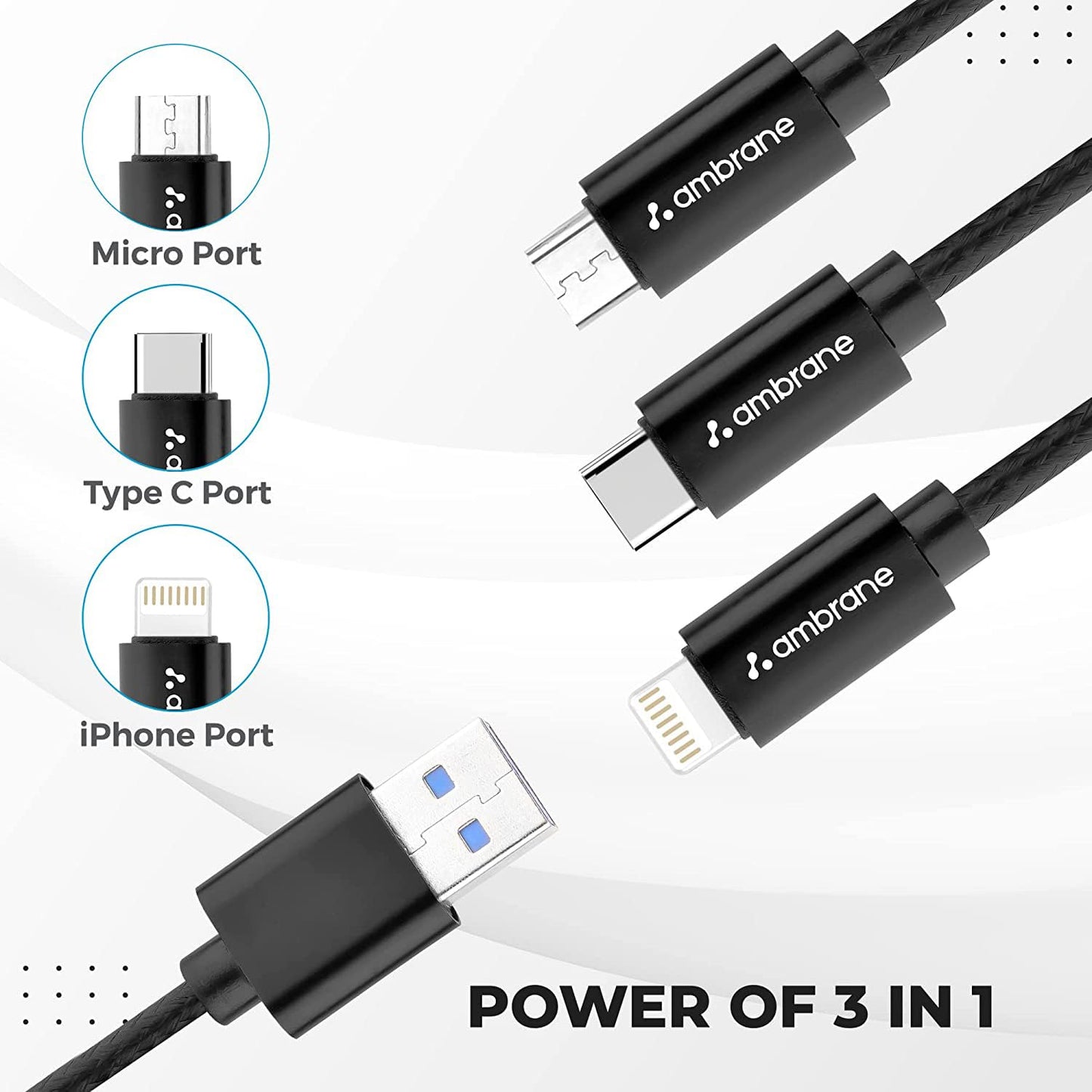 (Open Box) Ambrane Unbreakable 3 in 1 USB Fast Charging Cable with Type C, Lightning, Micro USB Port with 2.1 A, Compatible with iPhone, iPad, Samsung, OnePlus, Mi, Oppo, Vivo, Xiaomi, 1.25M (Trio-11, Black)