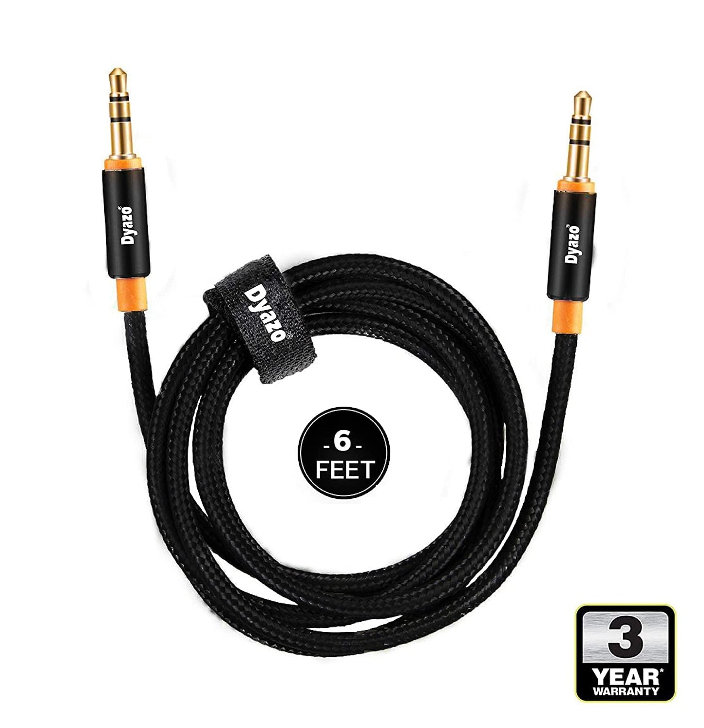 Dyazo 6 ft Aux Cable with 3.5mm Male To Male jack | Nylon Braided | Long Audio Cable | 24 K Gold Plated Stereo Wire Made For Mobile, Headphones & Speaker, car (Black & Orange)