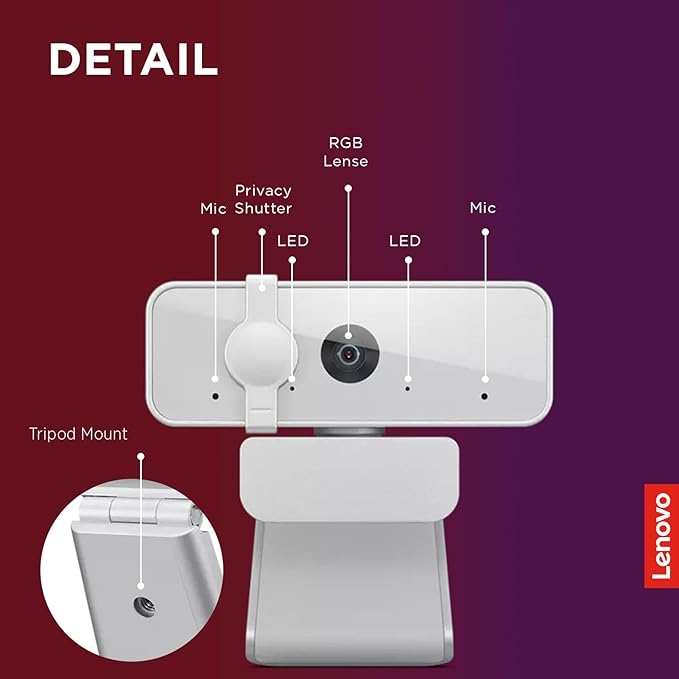 (Open Box) Lenovo 300 FHD Webcam with Full Stereo Dual Built-in mics | FHD 1080P 2.1 Megapixel CMOS Camera |Ultra-Wide 95 Lens, Digital Zoom | 360 Rotation | Flexible Mount, Cloud Grey