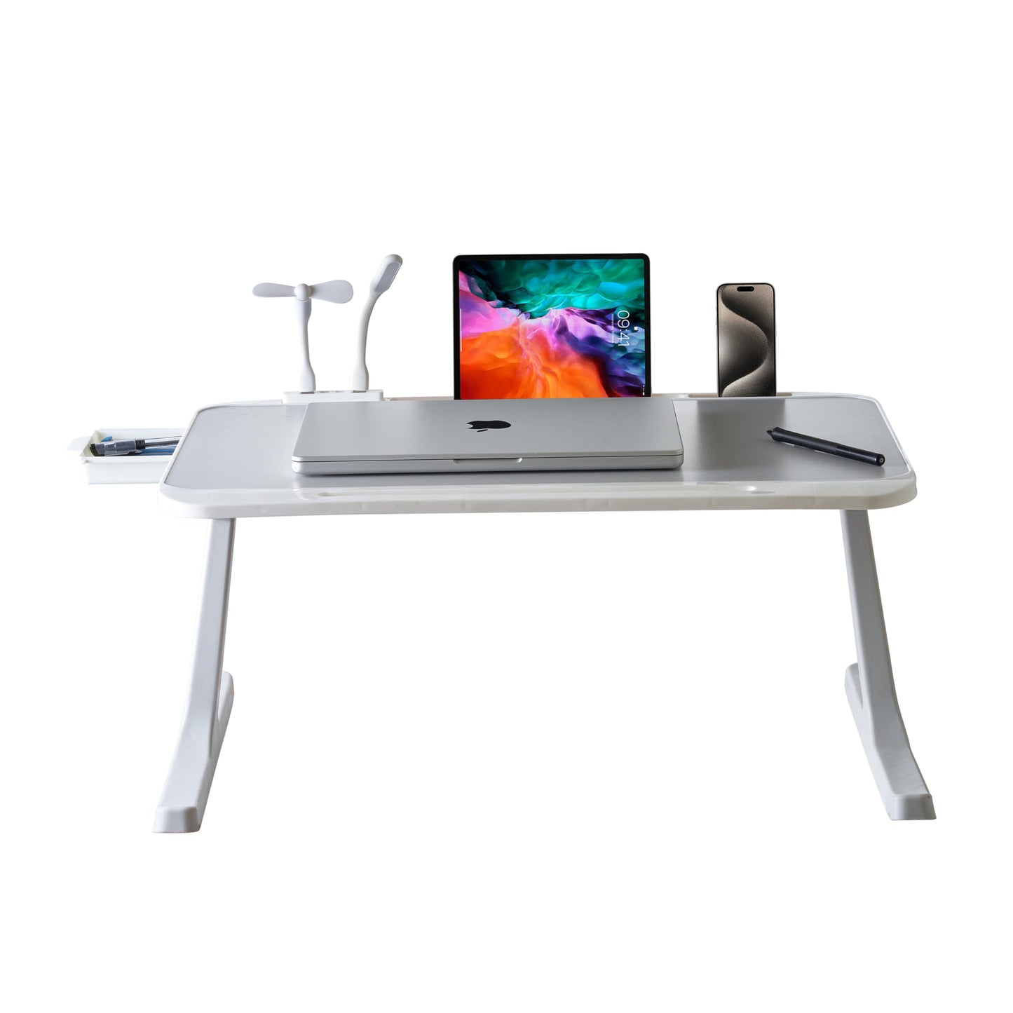 (OPEN BOX)GoRogue Laptop Table for Bed & Sofa, Foldable Desk with Cup Holder, Drawer & Built-in USB Hub with Free Mini Fan, LED Lamp (Black)