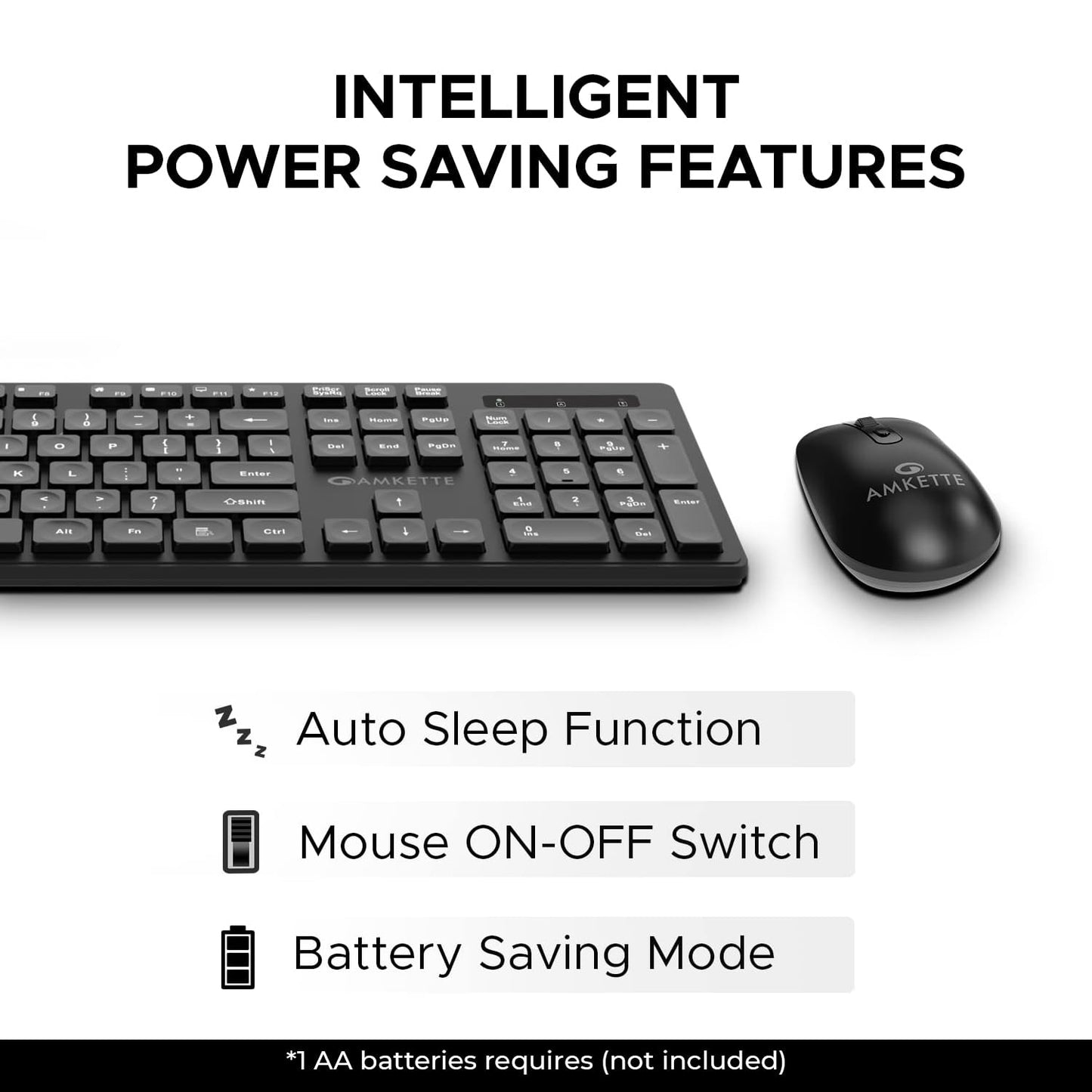 (Open Box) Amkette Primus Neo 2.4 Ghz Advanced Wireless Keyboard and Mouse Set | Intelligent Auto Sleep Function | Space Saving and Ergonomic | Mouse On/Off Switch | 3 DPI Settings | USB Nano Receiver (Black)