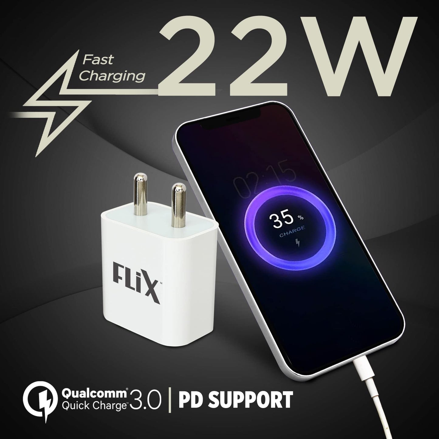 (Open Box) FLiX (Beetel) Storm 33W PD & QC Dual Port Wall Charger,USB Type A & Type C Output Widely Compatible for All Android & IOS Devices,Enhanced Safety,Light Weight & Compact,with Type C Cable (White–SD133)