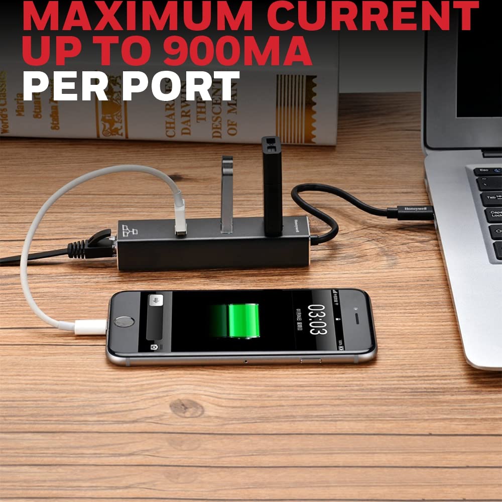 (Open Box) Honeywell 4-in-1 Type C 3.1 to USB 3.0 with RJ45 Gigabit Ethernet Adapter, 5GBPS Transfer Speed, 3x3.0 USB Ports, 1Gbps Bandwidth, Universally Compatible with Type C MacBooks, laptops, PCs, Tablets