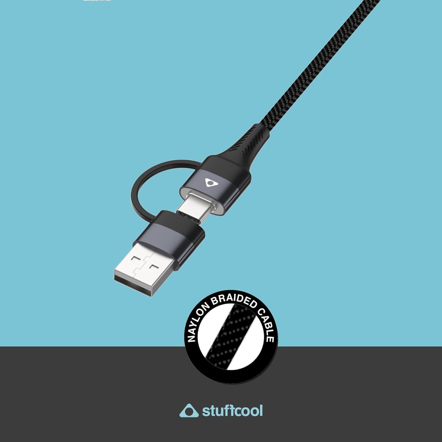 (Open box) Stuffcool Quad 4 in 1 Cable 65W PD USB to Lightning, USB to Type-C, Type-C to Lightning & Type C to Type-C Sync and Charge Nylon Braided Fast Charging Cable Compatible with iPhone 12/13/14, 1m 3 Feet