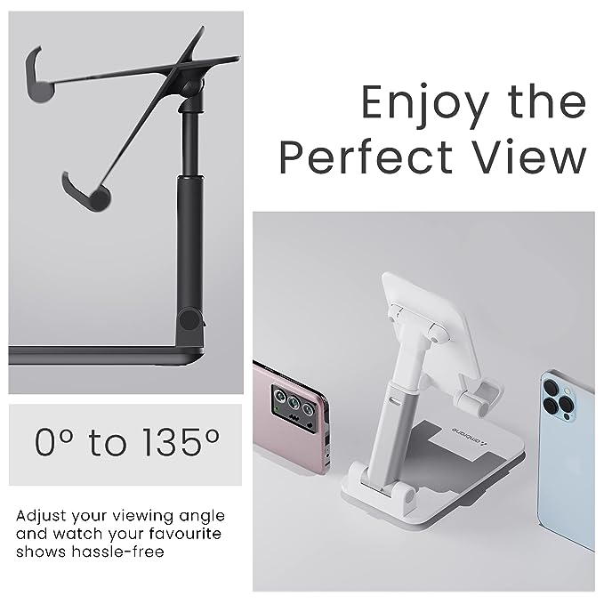 (Open Box) Ambrane Mobile Holding Tabletop Stand, 180 Perfect View, Height Adjustment, Wide Compatibility, Multipurpose, Anti-Skid Design (Twistand, White)