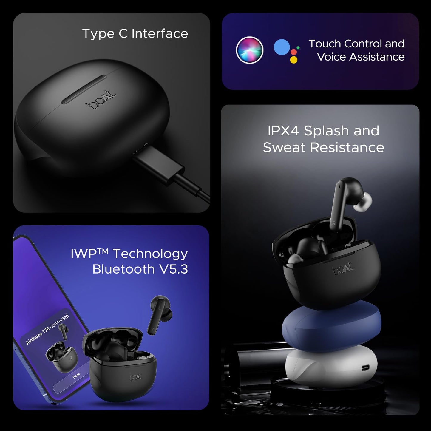 (Open Box)boAt Airdopes 170 TWS in Ear Earbuds with 50H Playtime, Quad Mics Enx Tech, Low Latency Mode, 13Mm Drivers, ASAP Charge, Ipx4, Iwp, Touch Controls & Bt V5.3