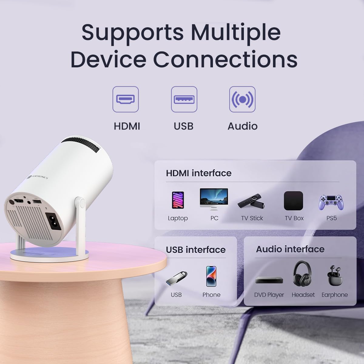 (Open Box) Portronics Beem 440 Smart LED Projector with 720p HD Resolution, Rotatable Design, Built-in Streaming Apps (Netflix, Prime Video, Hotstar), 2000 Lumens, Screen Mirroring, 3 Watts Speaker (White)