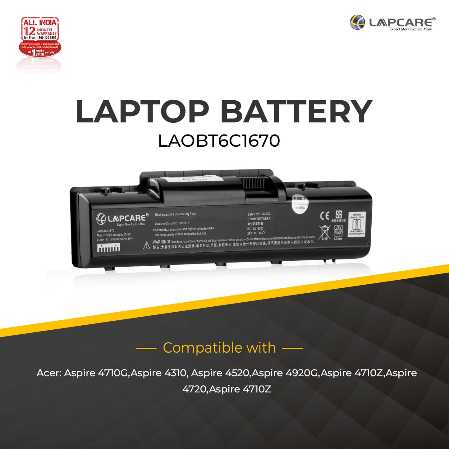(Open Box) Lapcare 11.1V 4000mAh 6 Cell Compatible Laptop Battery for ACER Aspire 4710G 4310 4520 4920G 4710Z and 4720 Series Models