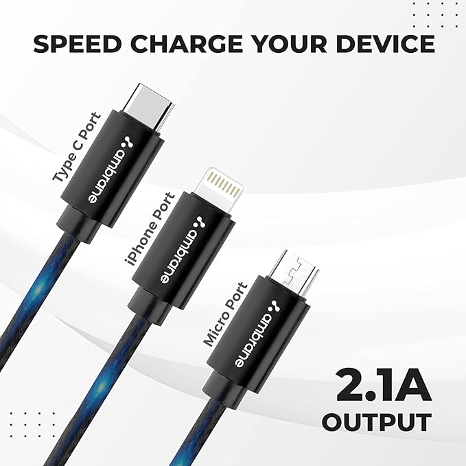 (Open Box) Ambrane Unbreakable 3 in 1 USB Fast Charging Cable with Type C, Lightning, Micro USB Port with 2.1 A, Compatible with iPhone, iPad, Samsung, OnePlus, Mi, Oppo, Vivo, Xiaomi, 1.25M (Trio-11, Black)