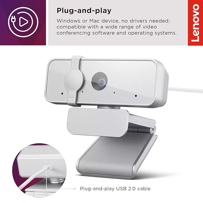 (Open Box) Lenovo 300 FHD Webcam with Full Stereo Dual Built-in mics | FHD 1080P 2.1 Megapixel CMOS Camera |Ultra-Wide 95 Lens, Digital Zoom | 360 Rotation | Flexible Mount, Cloud Grey
