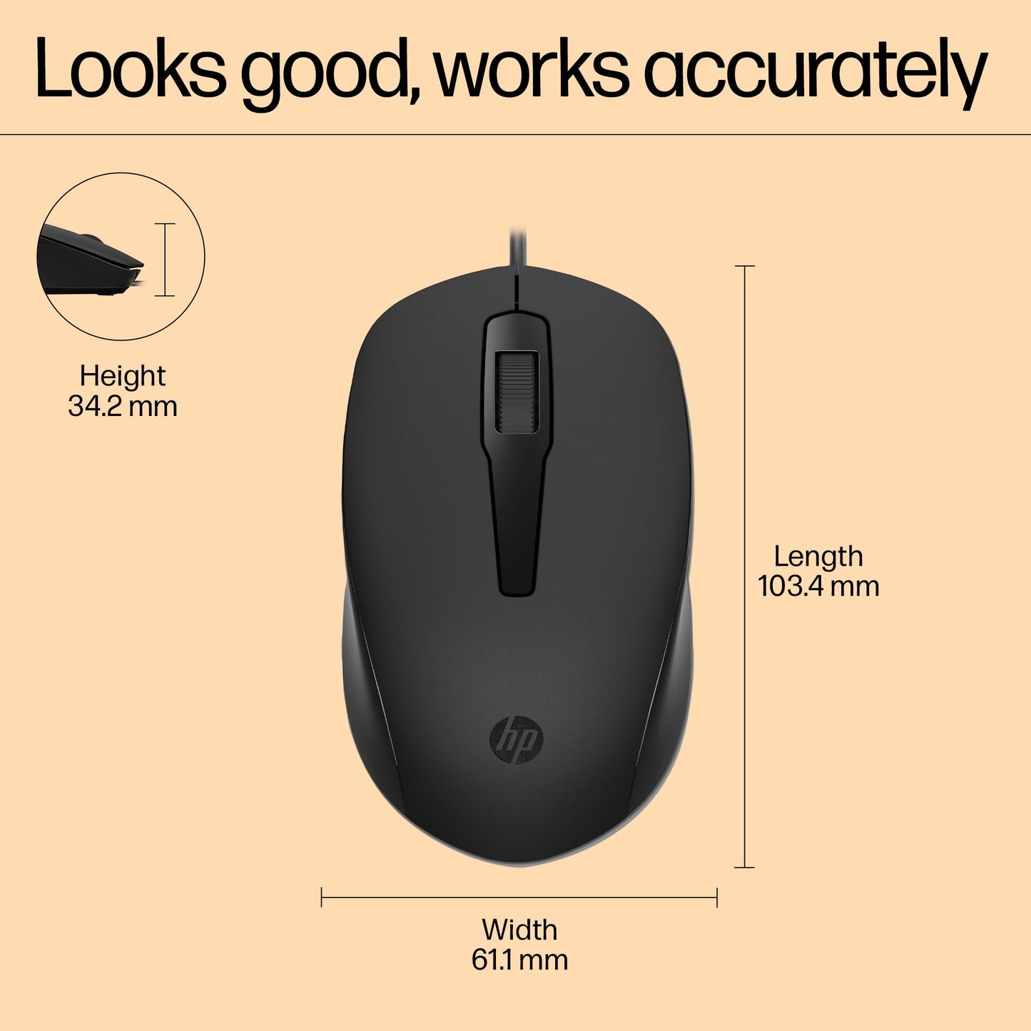 (Open Box)HP 150 Wired Mouse- Elegant Ergonomic Design, 1600 DPI Optical Tracking, USB Plug & Play / 3 Years Warranty (240J6AA), Black
