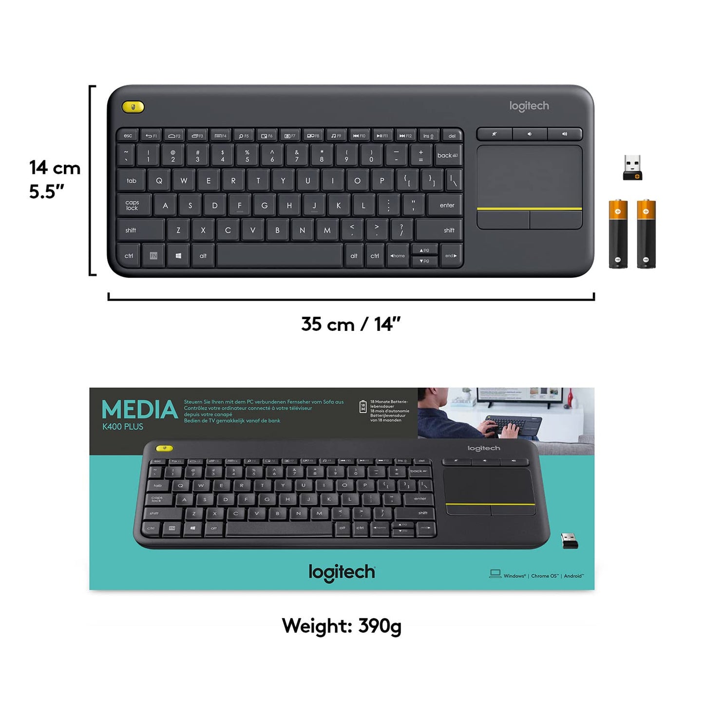 (Open Box) Logitech K400 Plus Wireless Touch TV Keyboard with Easy Media Control and Built-in Touchpad, HTPC Keyboard for PC-Connected TV, Windows, Android, Chrome OS, Laptop, Tablet - Black