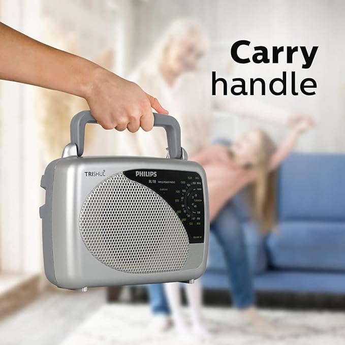 (Open Box) Philips Radio RL118/94 with MW/SW/FM Bands, 200mW RMS soundoutput,3-1 Power Source External Battery:2xR6 (3V DC), Mains: 230V AC/ 50 Hz, Built in Rechargeable Battery