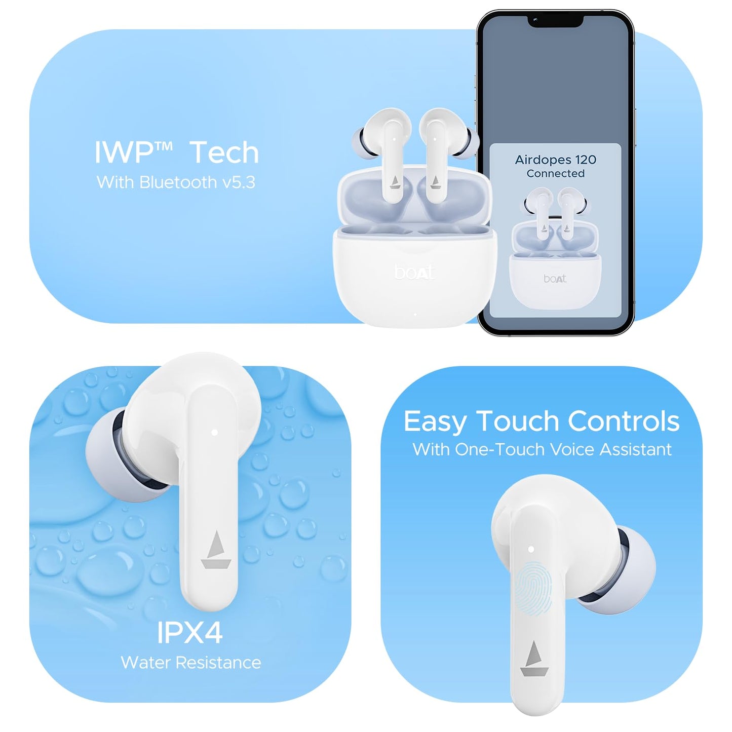 (OPEN BOX) boAt Airdopes 120 Truly Wireless in Ear Ear Buds w/in Ear Detection, 40 hrs Playtime Quad Mics with ENx™ Tech, ASAP™ Charge, IWP™ Tech, Beast™ Mode with 65 ms Low Latency, BTv5.3 & IPX4