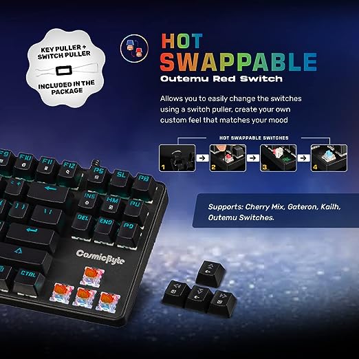 (OPEN BOX) Cosmic Byte CB-GK-34 Firefly Hot Swappable Per-Key RGB Ten-Keyless Keyboard with Outemu Red Switch, Macros, Software (Black)
